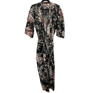 Oriental Black Pink Floral Kimono Robe One Size